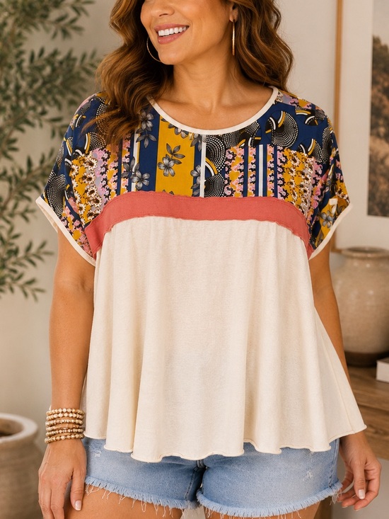 easel Tops - Easel Mixed Print Raw Edge Tunic